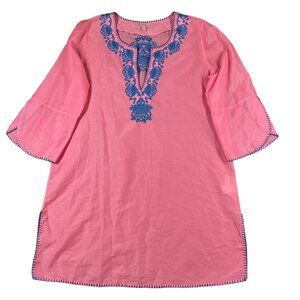 Lilly Pulitzer Tunic Top Womens Medium Pink Blue Embroidered Boho Cover Up Beach